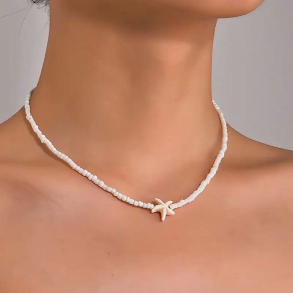 NEW Capri White Seed Bead Starfish Clavicle Necklace Beach Ocean
